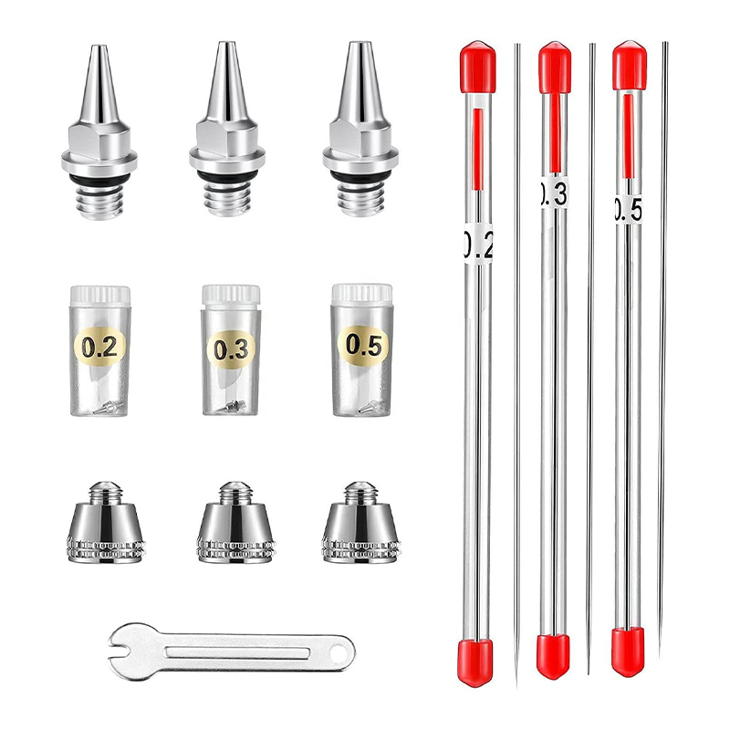 10-Pieces Airbrush Replacement Parts Kit with 0.2mm, 0.3mm, and 0.5mm Airbrush Nozzles, Needles, Nozzle Caps, and Mini Wrench for Spray Gun Accessories